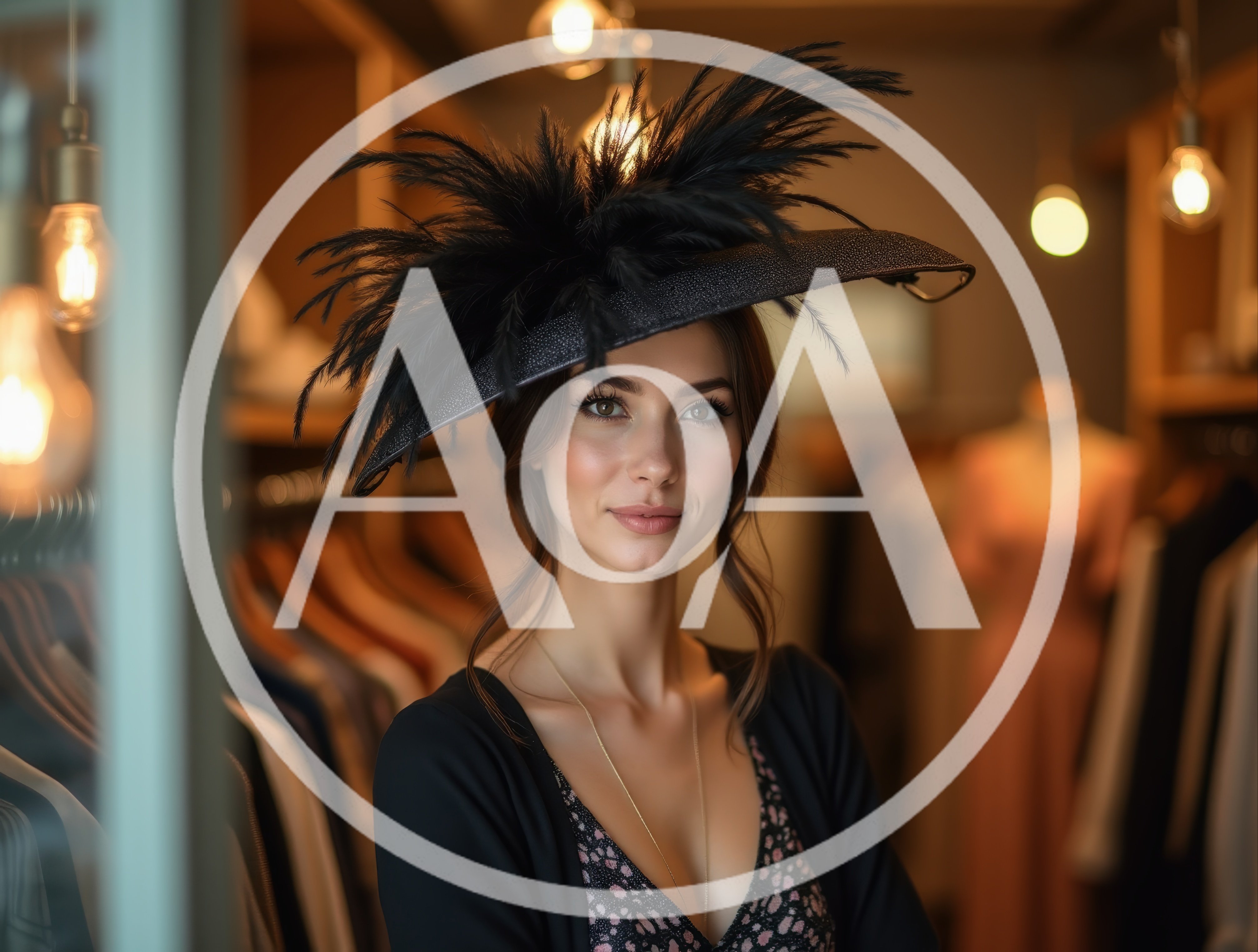 Elegant Woman Wearing A Feathered Hat In A Boutique