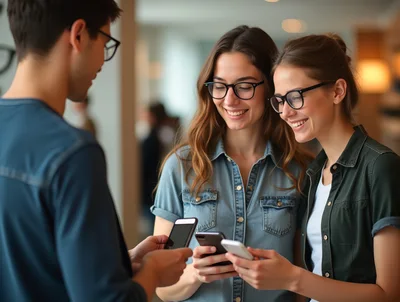 Three Young Adults Sharing Content On Smartphones