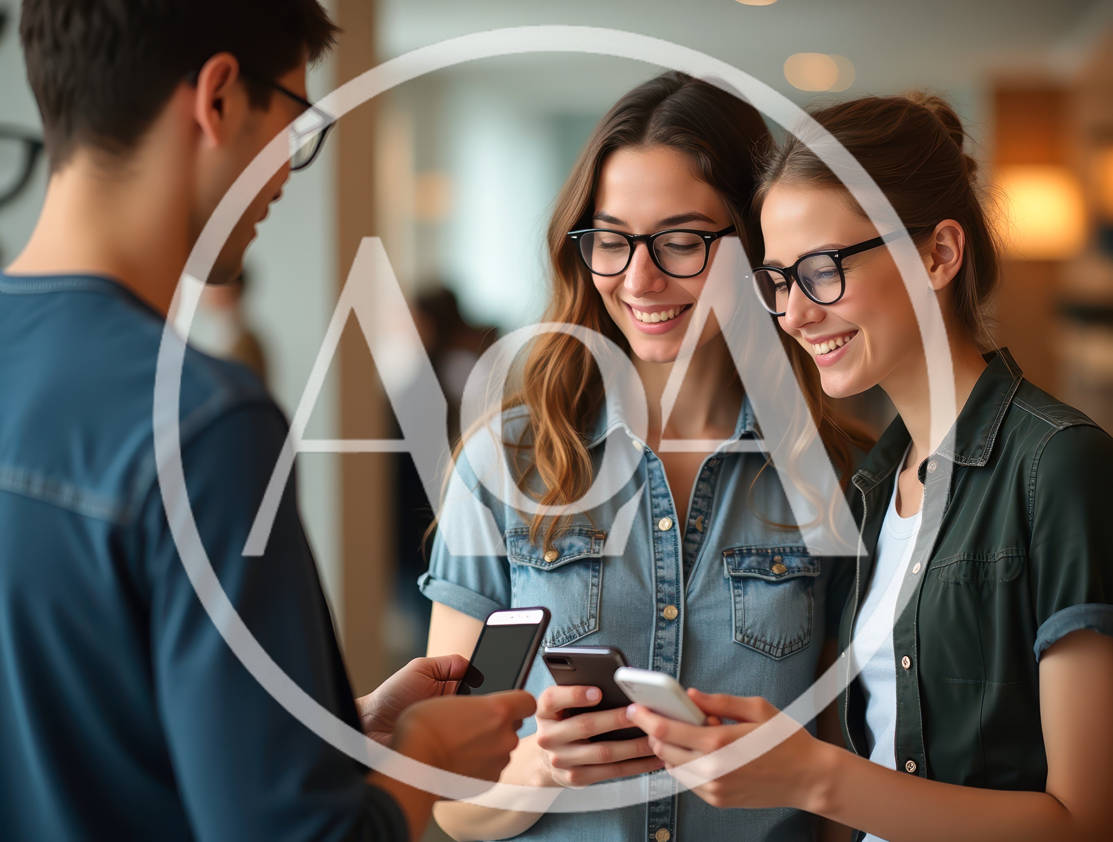 Three Young Adults Sharing Content On Smartphones