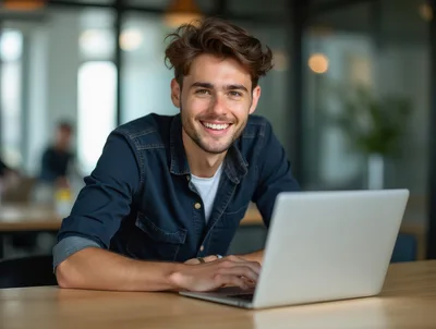 Young Man Working On Laptop In Modern Office