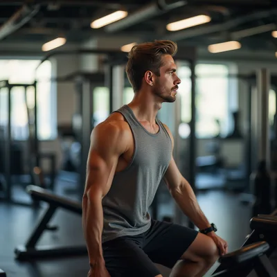 Muscular Man Exercising On Stationary Bike In Gym