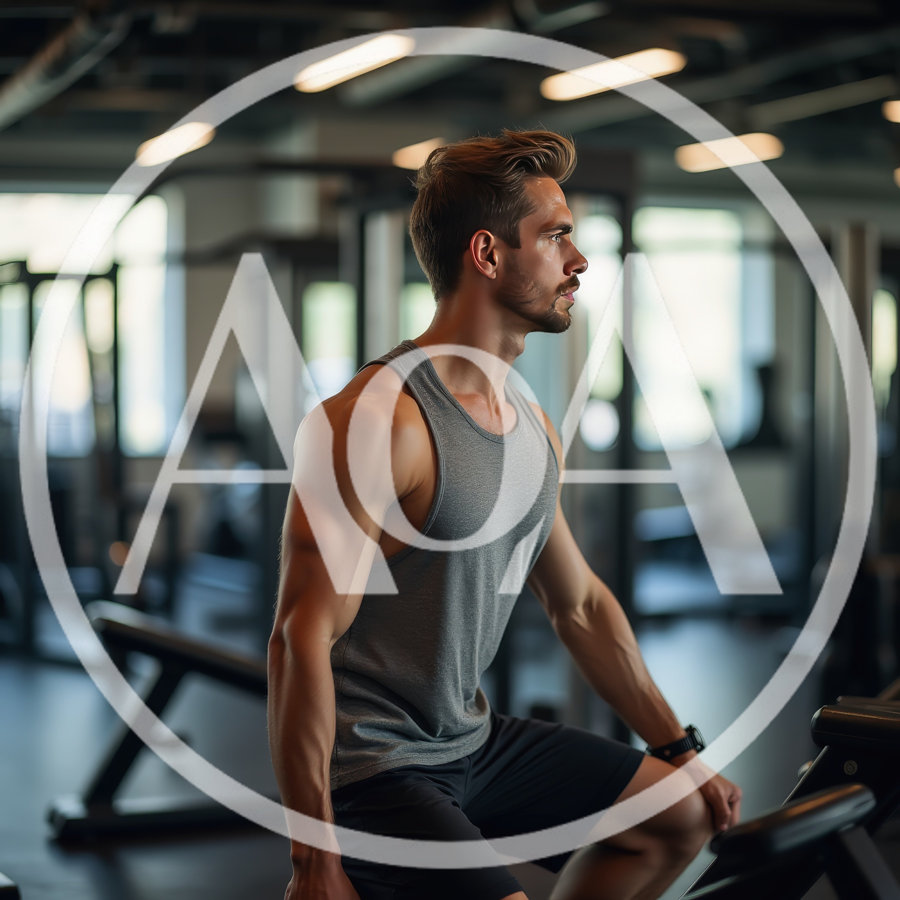 Muscular Man Exercising On Stationary Bike In Gym