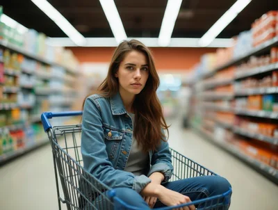Young Woman Sitting Inside A Grocery Store Shopping Cart