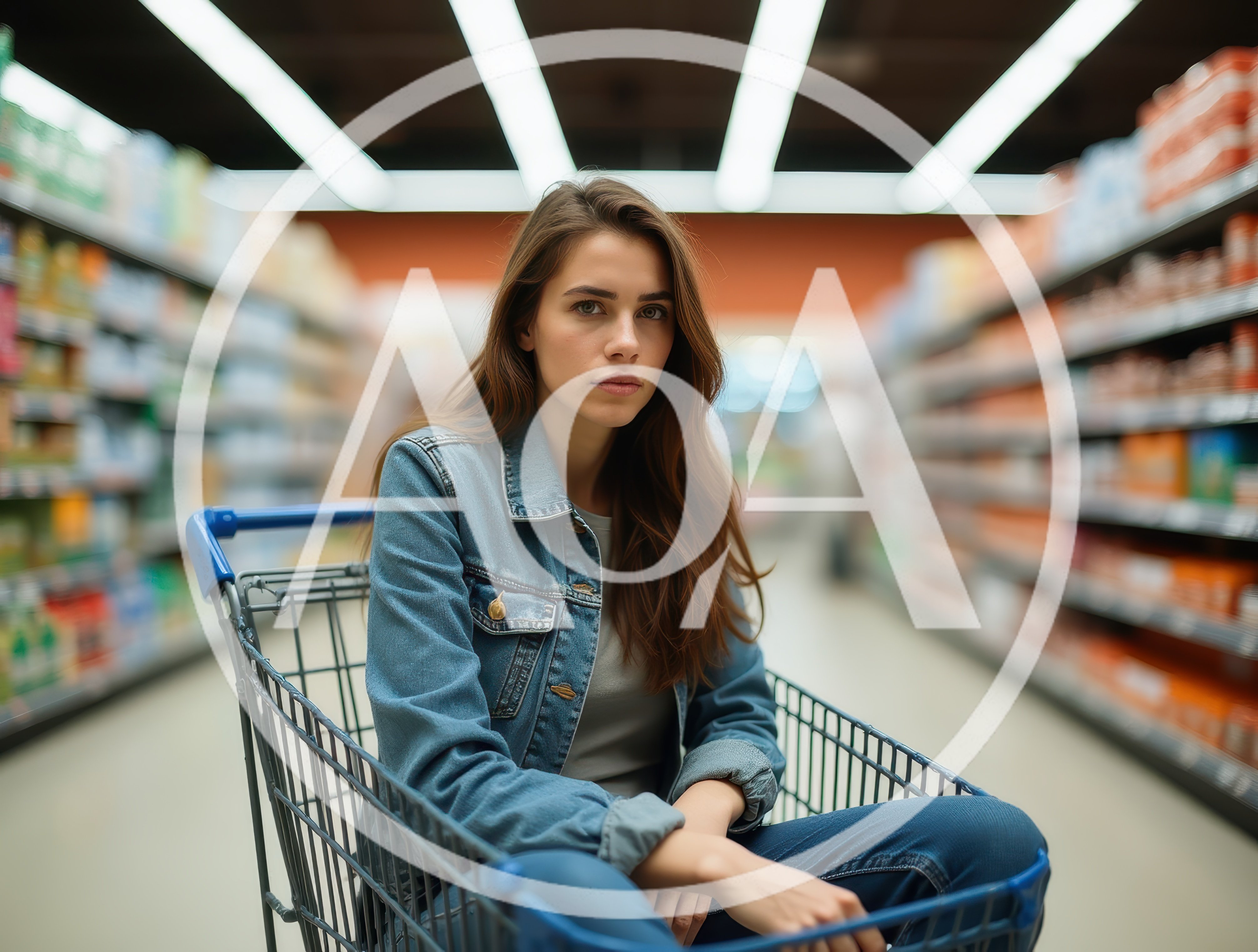 Young Woman Sitting Inside A Grocery Store Shopping Cart