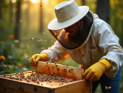 Beekeeper Inspecting Honeycomb Frame In Apiary