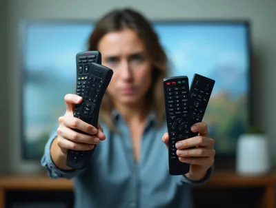Frustrated Woman Holding Multiple Television Remote Controls