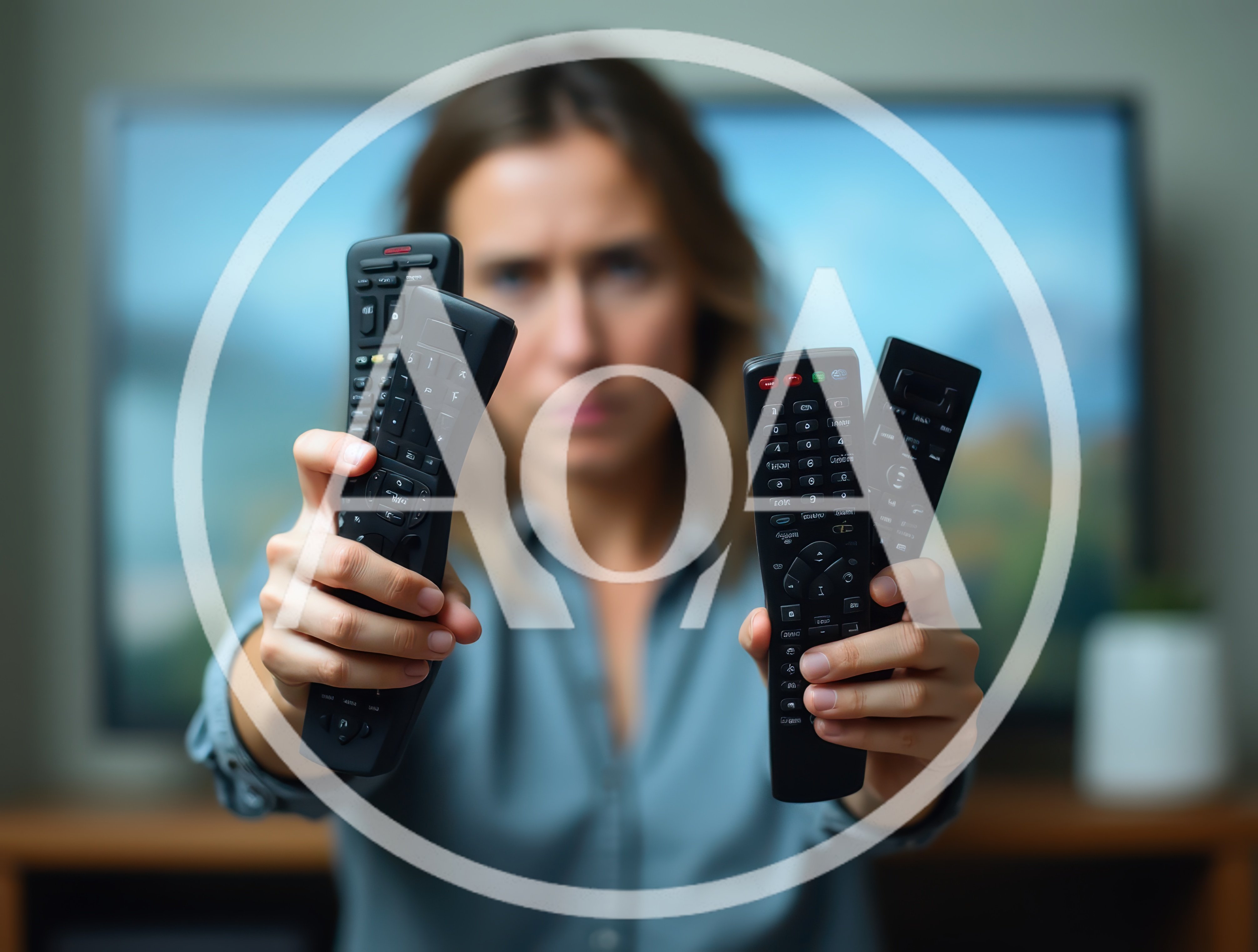 Frustrated Woman Holding Multiple Television Remote Controls