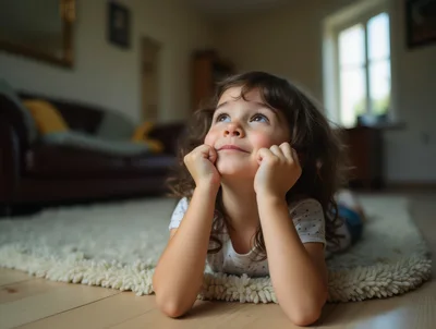 Little Girl Dreaming While Lying On Living Room Rug