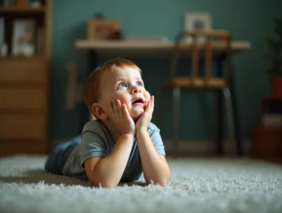 Toddler Boy Lying On Carpet Looking Upwards