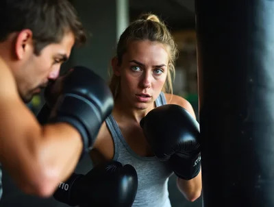 Woman Training With Boxing Coach In Gym