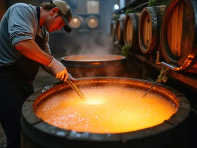Artisan Brewer Stirring Boiling Wort in Wooden Vat