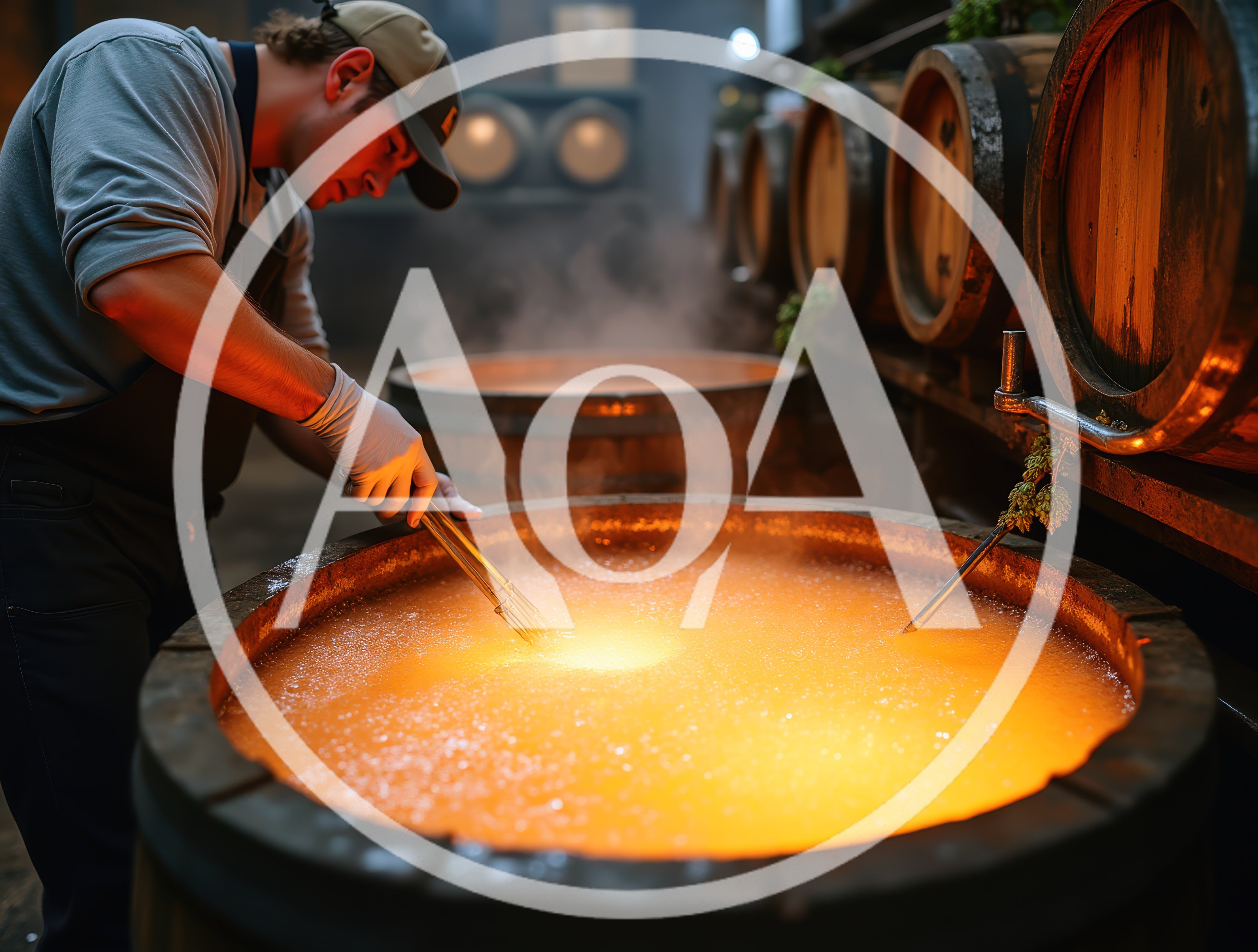 Artisan Brewer Stirring Boiling Wort in Wooden Vat
