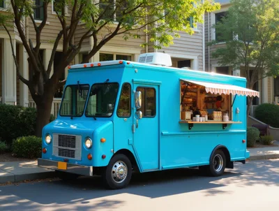 Bright Blue Food Truck Parked on Residential Street
