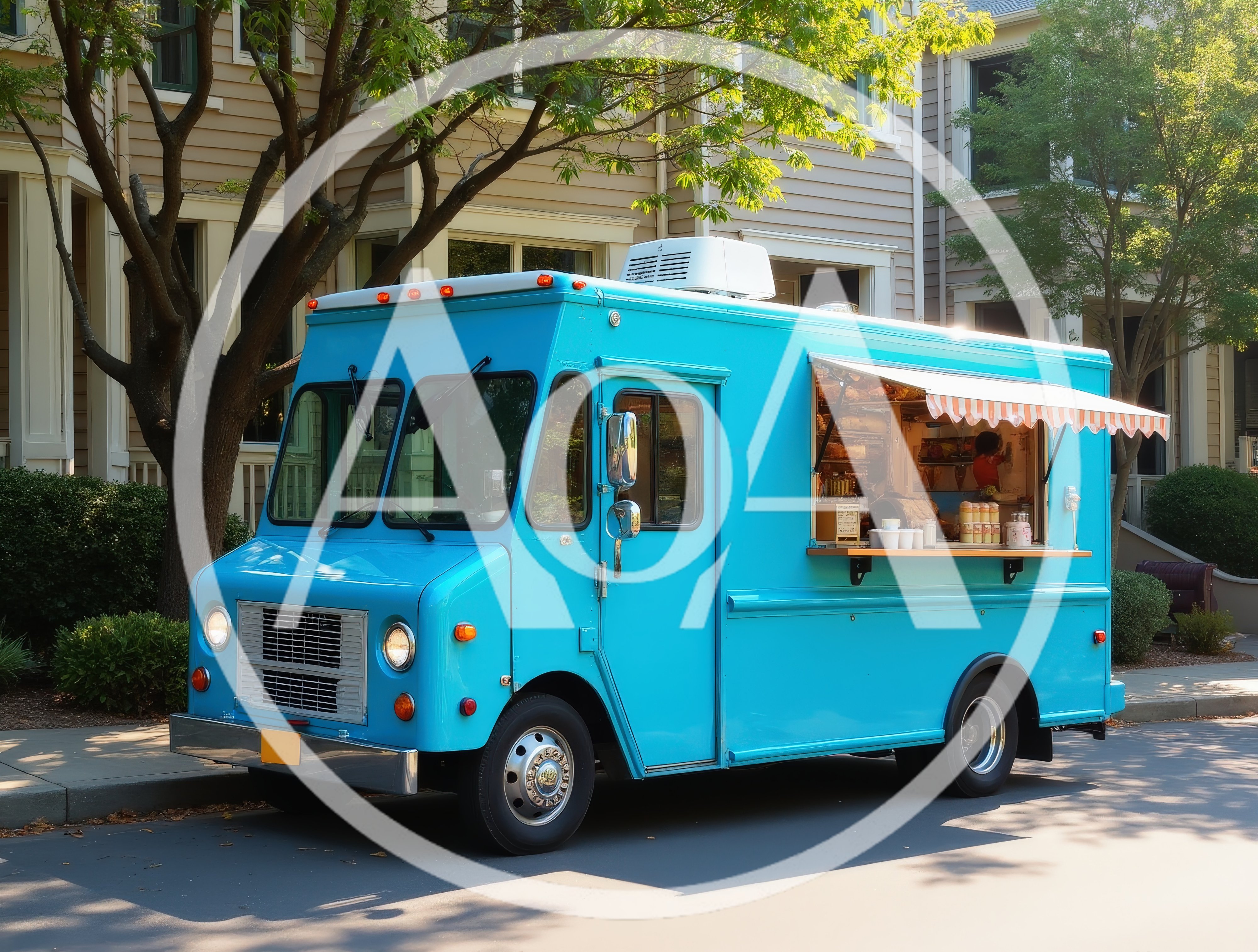Bright Blue Food Truck Parked on Residential Street