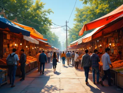 Crowded Outdoor Market Street With Colorful Stalls