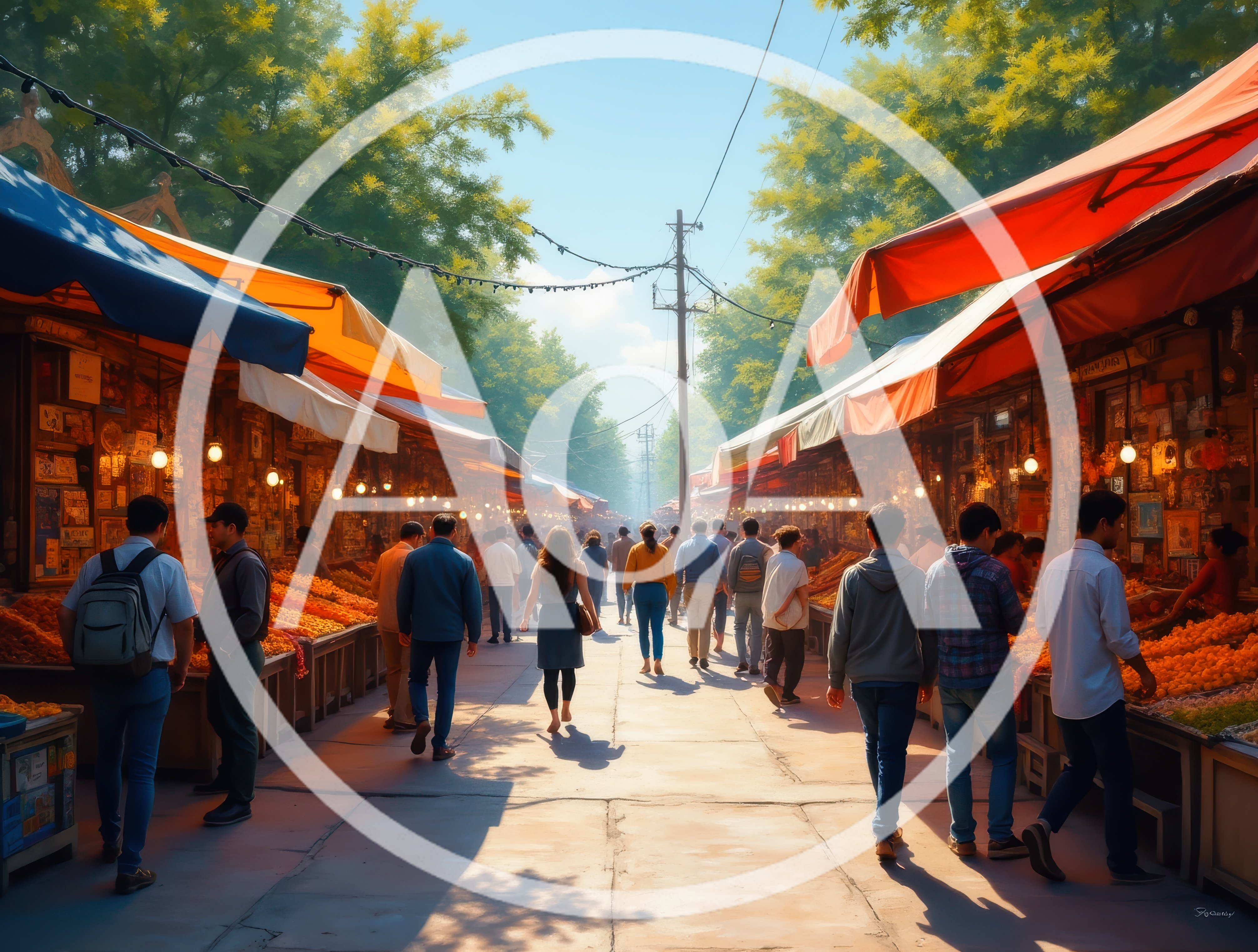 Crowded Outdoor Market Street With Colorful Stalls