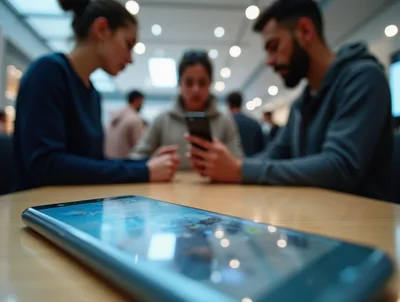 Group Of Friends Using Smartphones In A Modern Cafe
