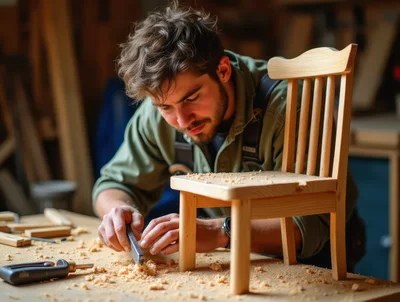Young Woodworker Crafting A Miniature Wooden Chair