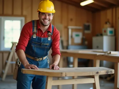 Smiling Carpenter Working In A Woodworking Workshop