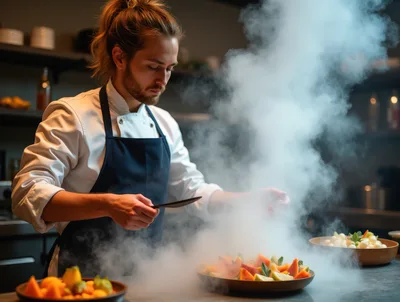 Professional Chef Preparing Molecular Gastronomy Fruit Dish
