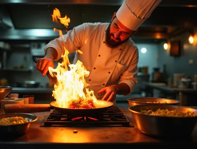 Professional Chef Cooking With Flames In Restaurant Kitchen