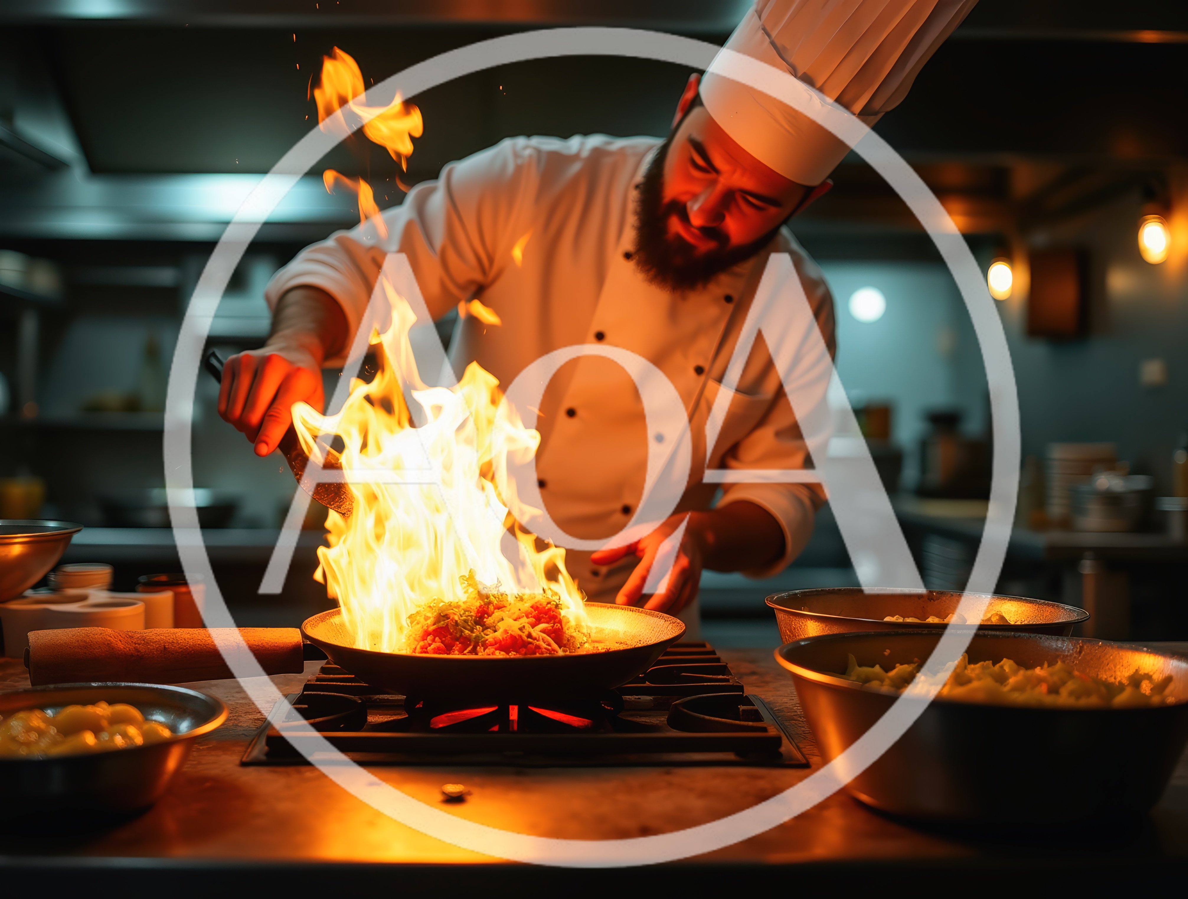 Professional Chef Cooking With Flames In Restaurant Kitchen