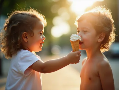 Toddler Sharing Ice Cream Cone With Friend