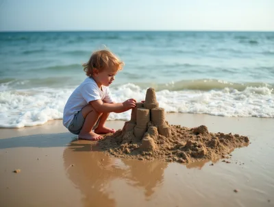 Young Child Building Sandcastle On Sunny Beach