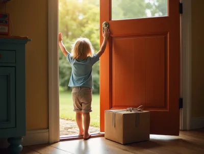 Young Child Standing In Open Doorway With Package