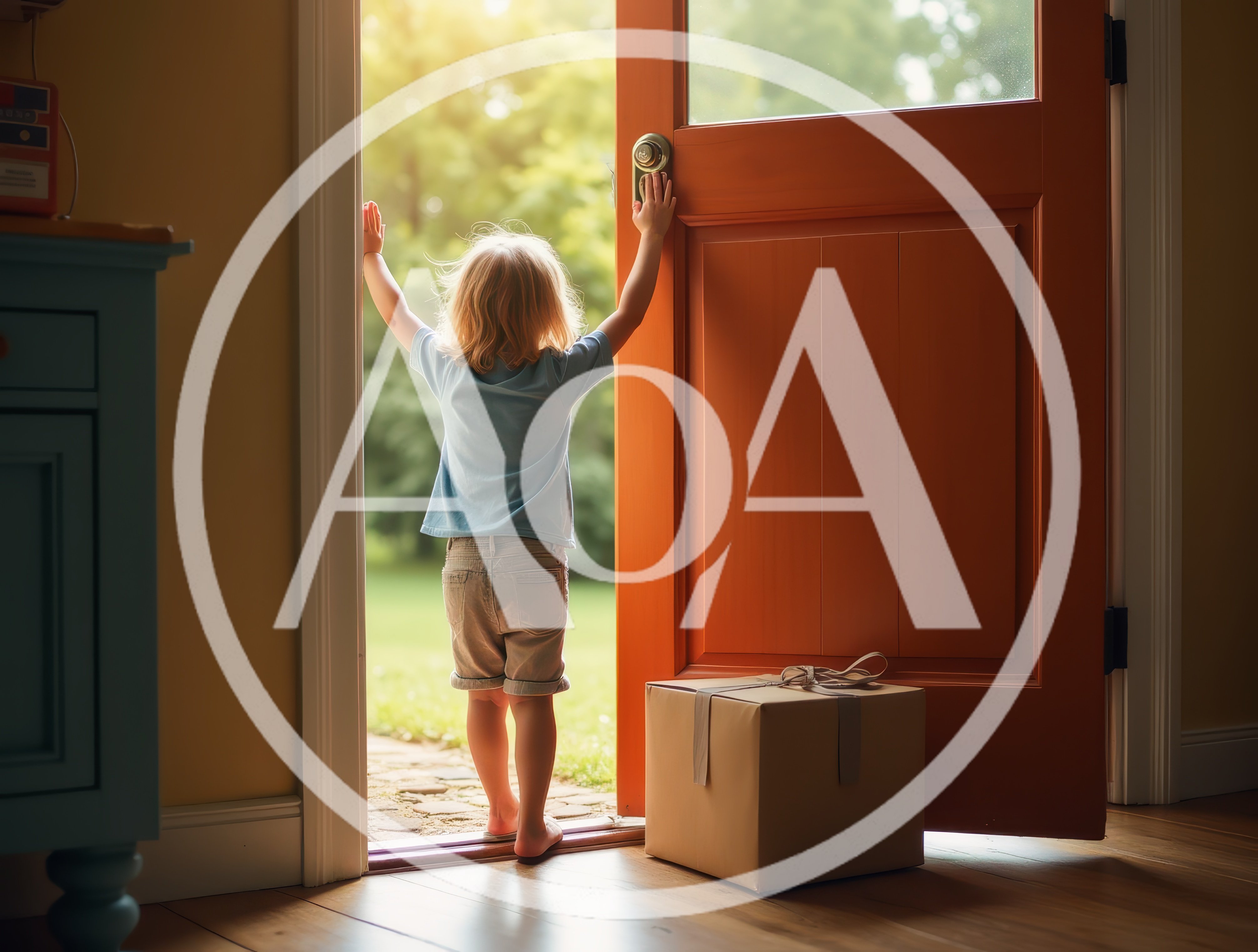Young Child Standing In Open Doorway With Package
