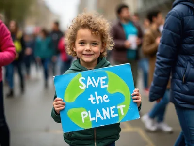 Young Child Holding Save The Planet Protest Sign