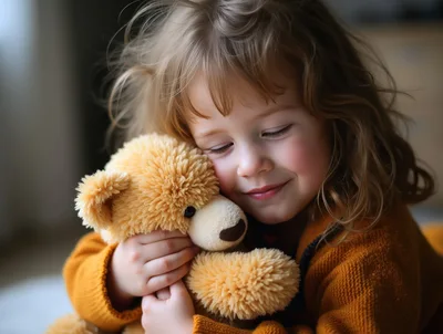 Little Girl Hugging Her Favorite Teddy Bear