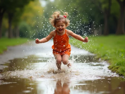 Happy Toddler Girl Jumping In A Muddy Puddle