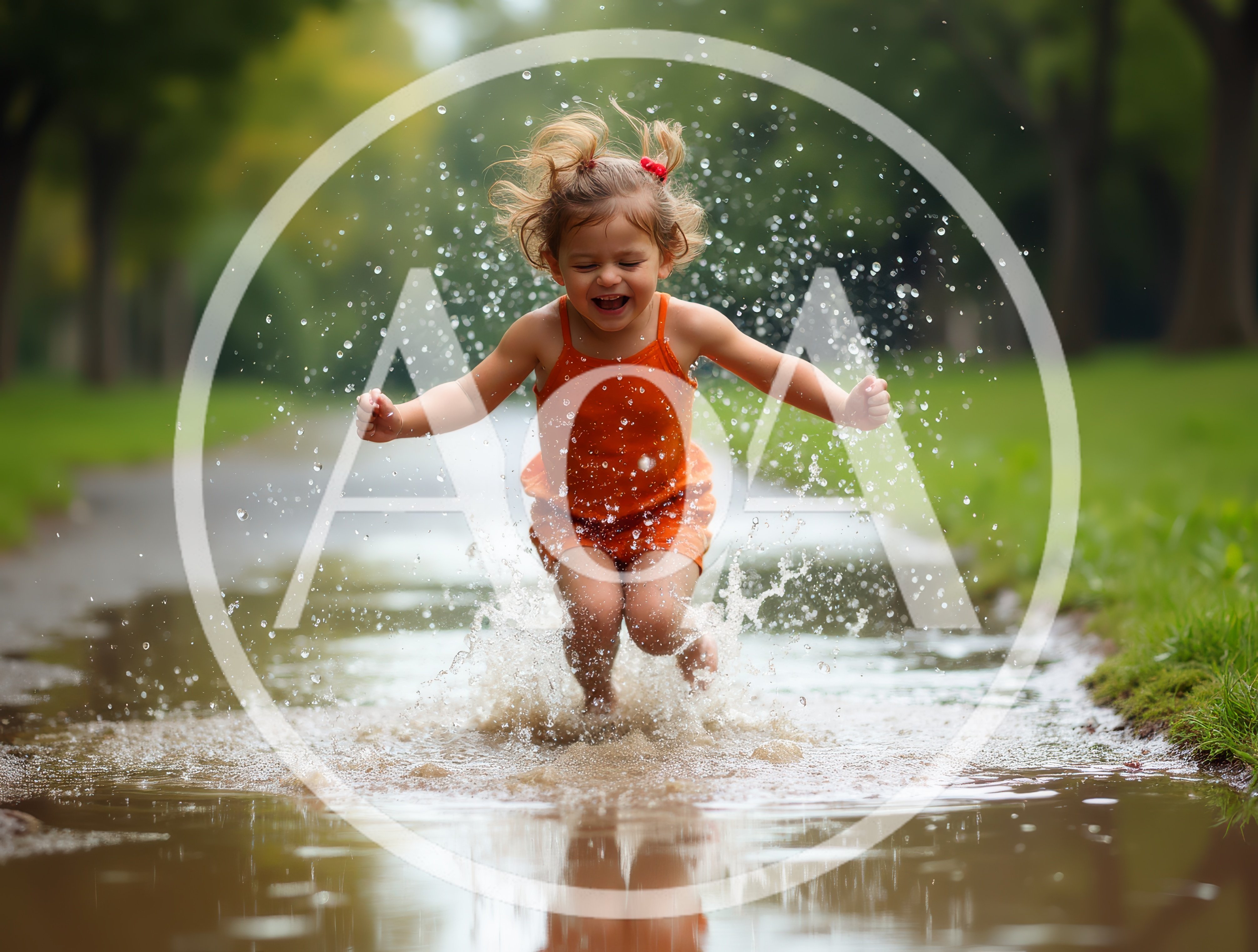 Happy Toddler Girl Jumping In A Muddy Puddle