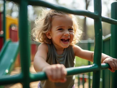 Happy Toddler Playing On Playground Climbing Frame