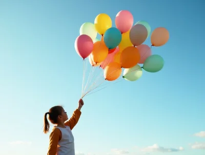 Young Girl Holding A Bunch Of Colorful Balloons