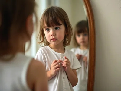 Toddler Girl Looking At Her Reflection In A Mirror
