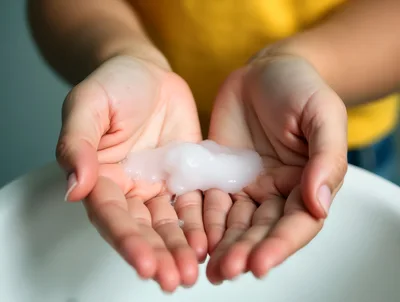 Person Holding White Soap Foam In Cupped Hands