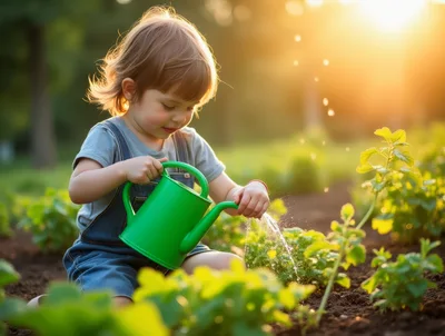 Toddler Watering Plants In A Sunny Garden