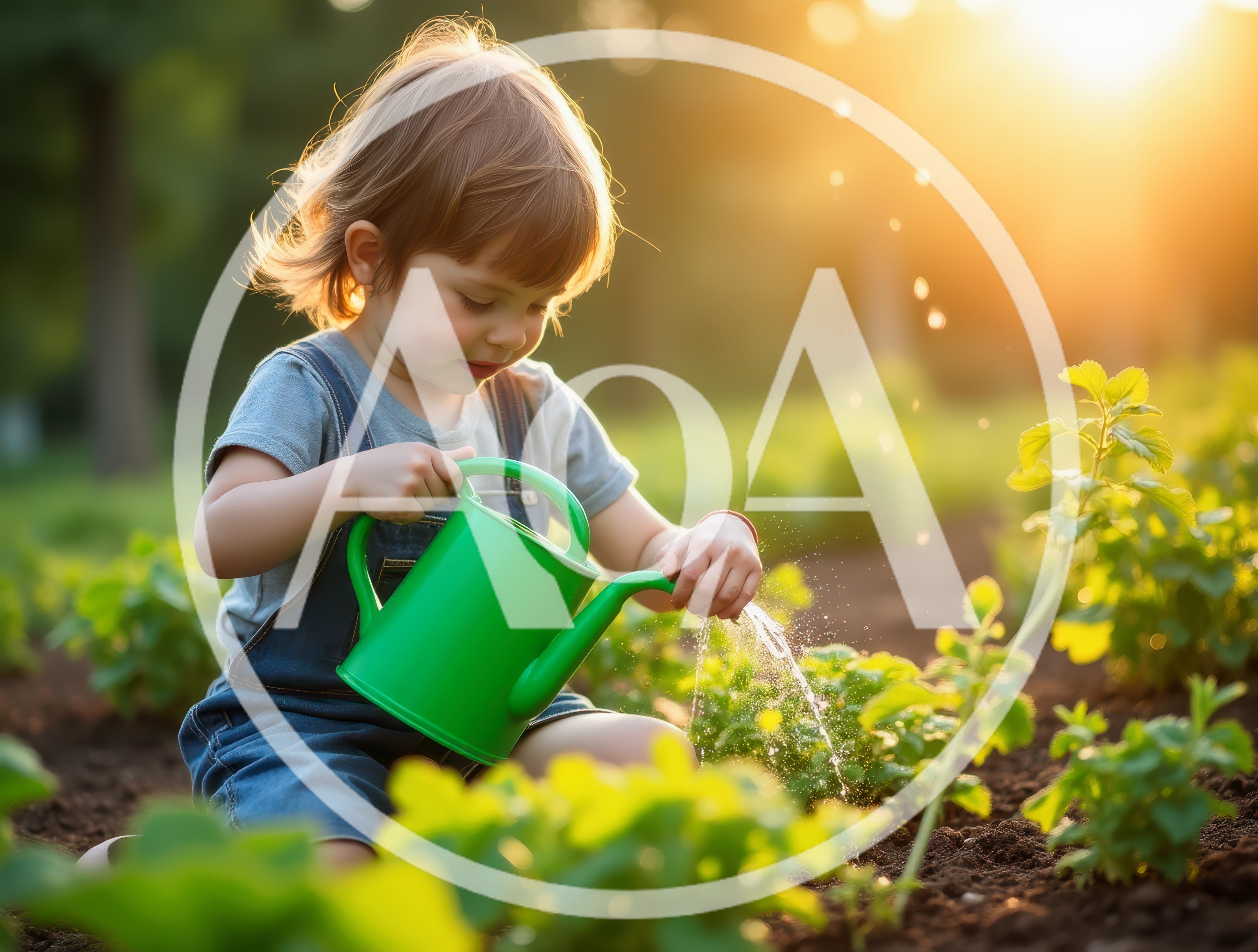 Toddler Watering Plants In A Sunny Garden