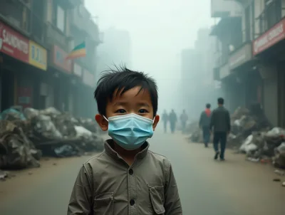 Young Asian Boy Wearing Face Mask In Smoggy City