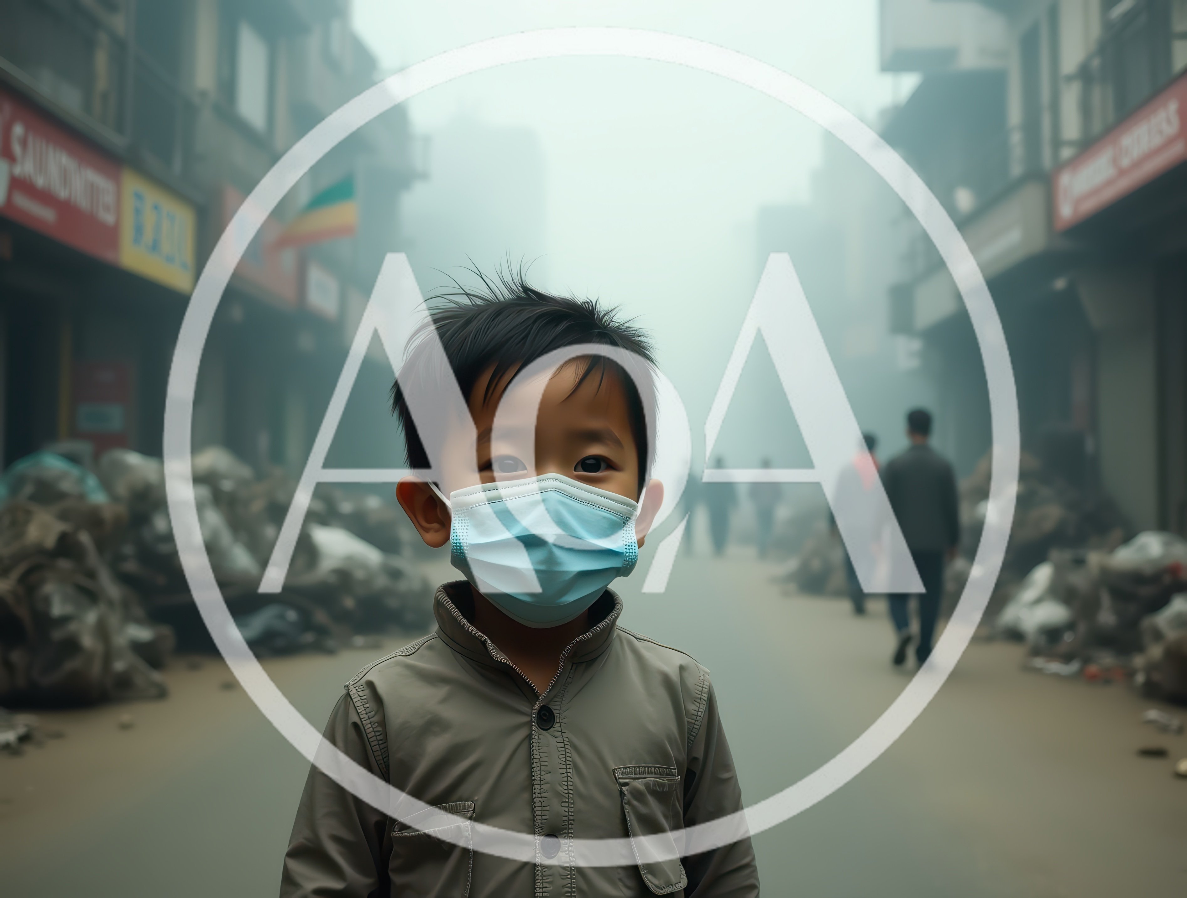 Young Asian Boy Wearing Face Mask In Smoggy City