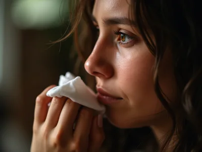 Young Woman Holding Tissue To Her Face