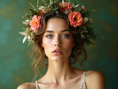 Portrait Of A Young Woman Wearing A Floral Crown