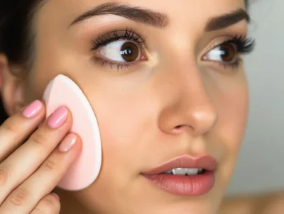 Young Woman Applying Foundation With Makeup Sponge