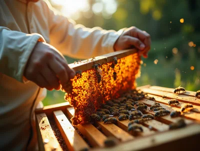 Beekeeper Inspecting Honeycomb Frame In Apiary