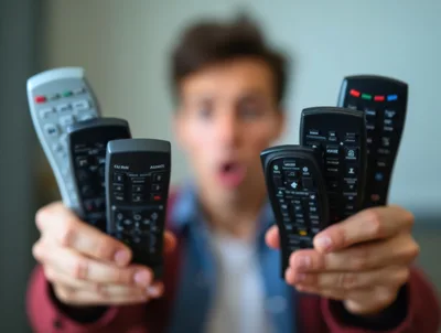 Confused Man Holding Multiple Television Remote Controls