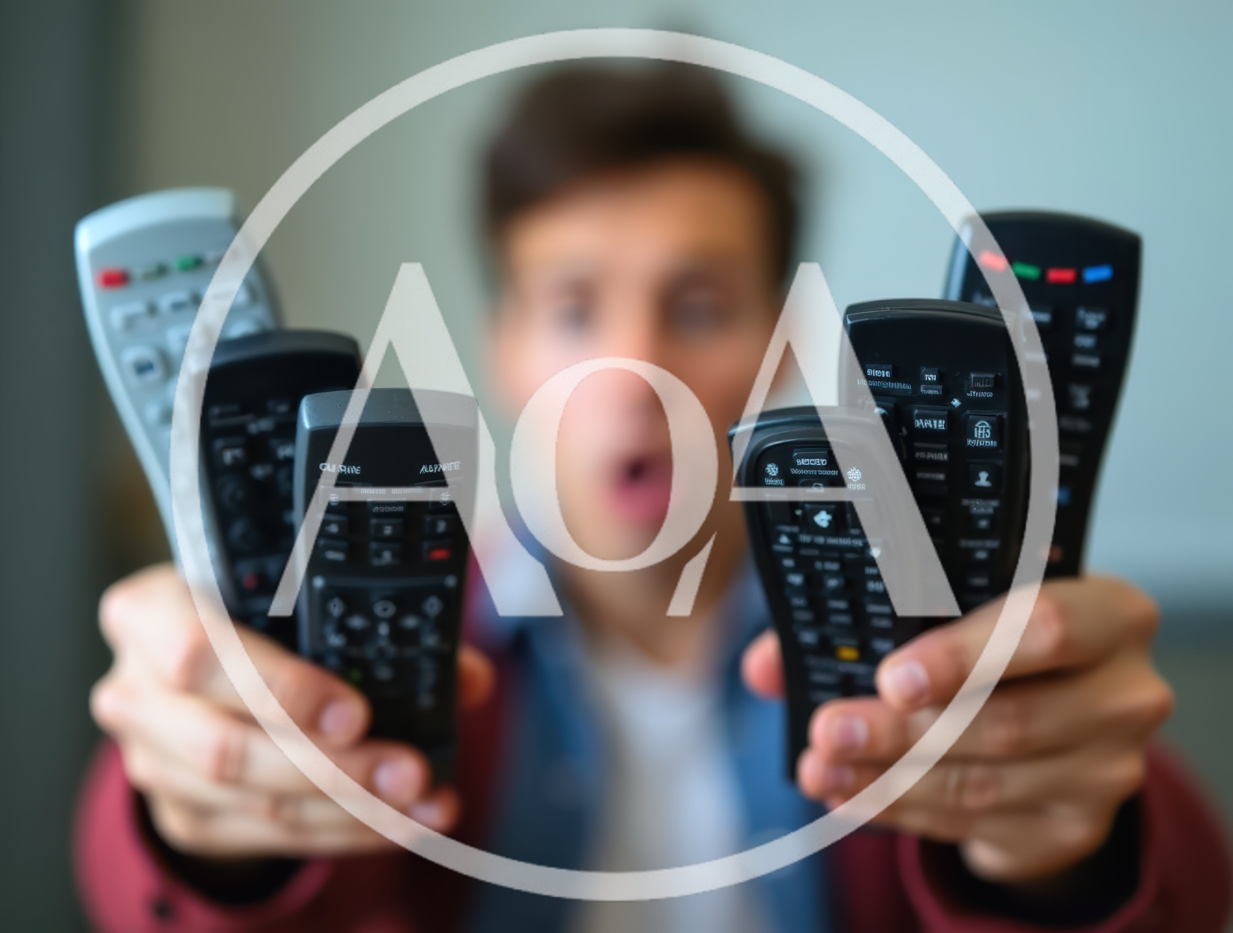Confused Man Holding Multiple Television Remote Controls