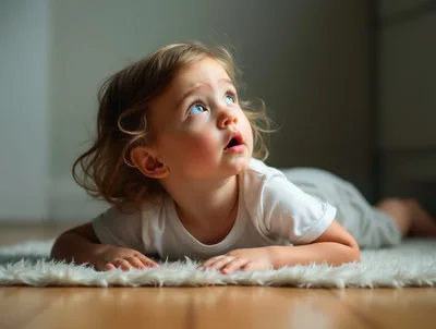 Toddler Lying On A Fluffy Rug Looking Upward