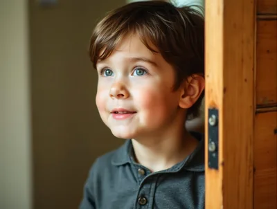 Young Boy Peeking Through A Wooden Doorway
